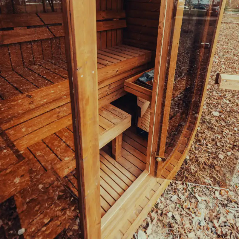 Mande Spa MW12 Outdoor Sauna — 2–3 Person: Door and entry detail; supplier example, final configuration and options subject to quote