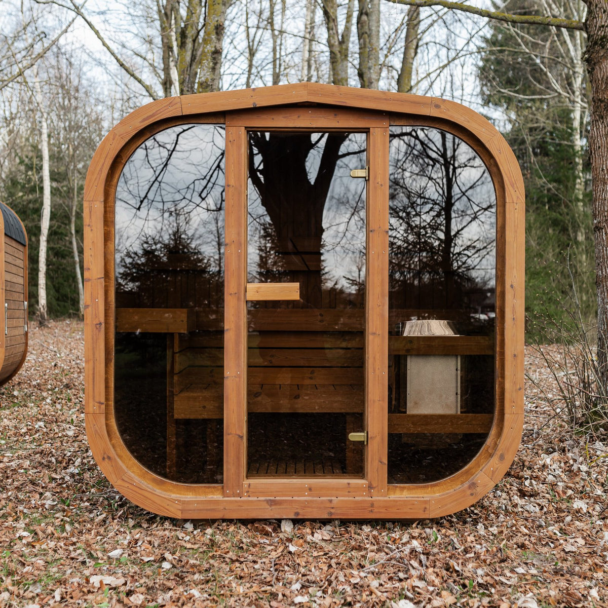 Mande Spa MW12 Outdoor Sauna — 2–3 Person, manufacturer photograph: front glass facade; example configuration, options may vary