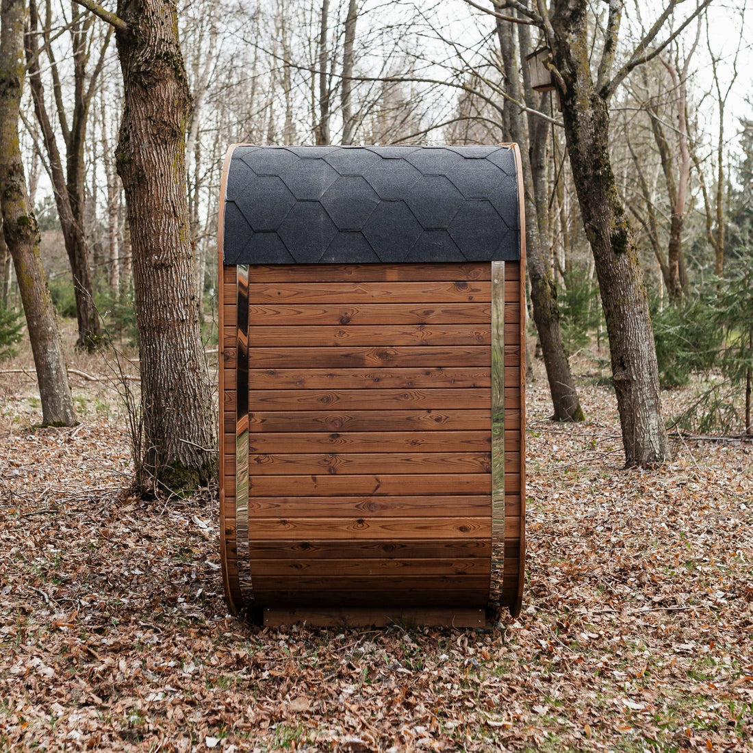 Mande Spa MW12 Outdoor Sauna — 2–3 Person: Side exterior and roof; supplier example, final configuration and options subject to quote