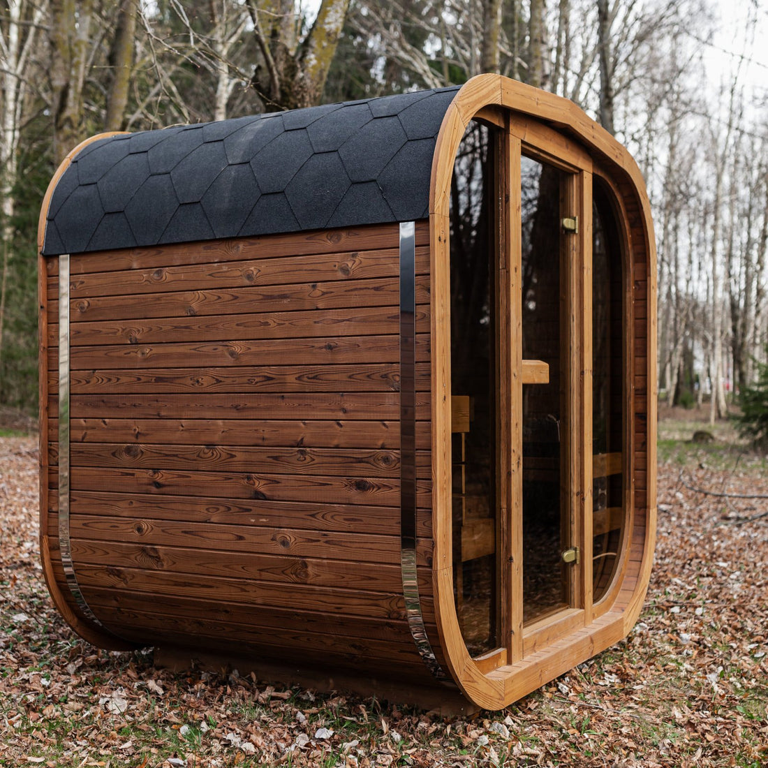 Mande Spa MW16 Outdoor Sauna — Up to 4 Person: Side exterior and roof; supplier example, final configuration and options subject to quote