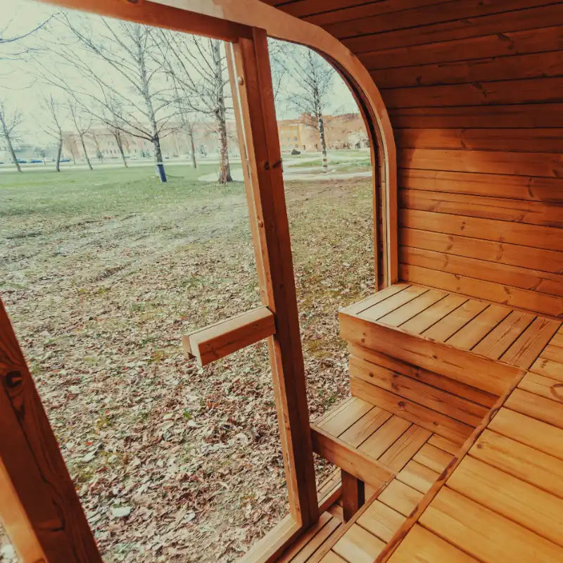 Mande Spa MW16 Outdoor Sauna — Up to 4 Person, supplier photograph: interior glazing and bench detail