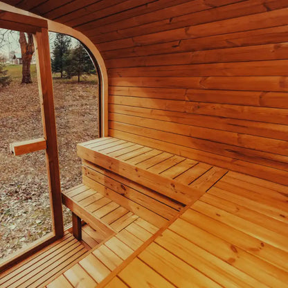 Mande Spa MW20 Outdoor Sauna — 5–6 Person, supplier photograph: interior bench layout