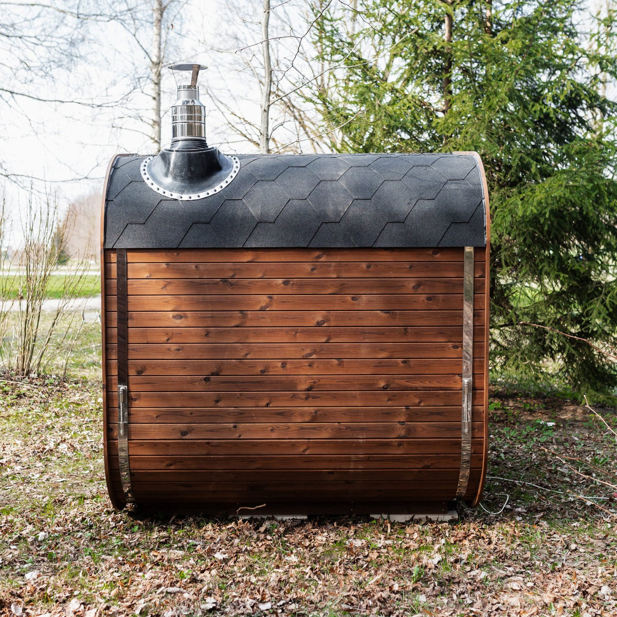 Mande Spa MW20 Outdoor Sauna — 5–6 Person, manufacturer photograph: side exterior and chimney; example configuration, options may vary