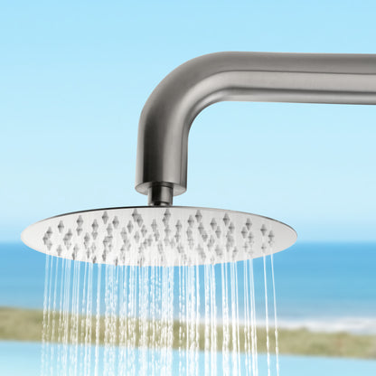 MODLAND RB1340 supplier detail: Brushed-nickel overhead rain shower head and curved arm running water