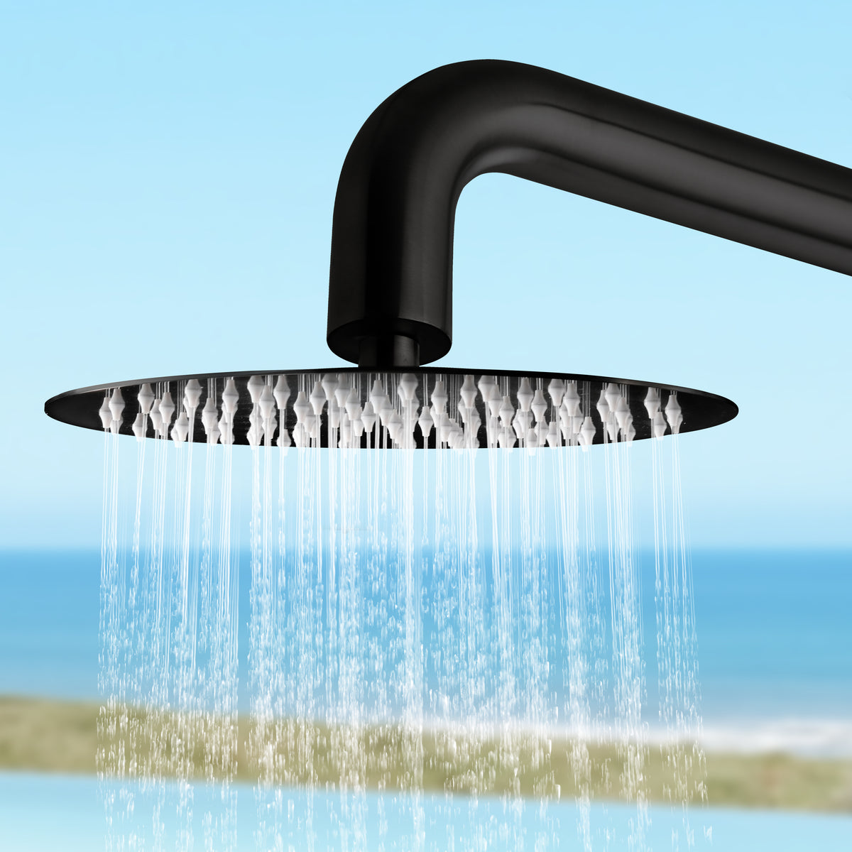 MODLAND RB1341 supplier detail: Matte-black overhead rain shower head and curved arm running water