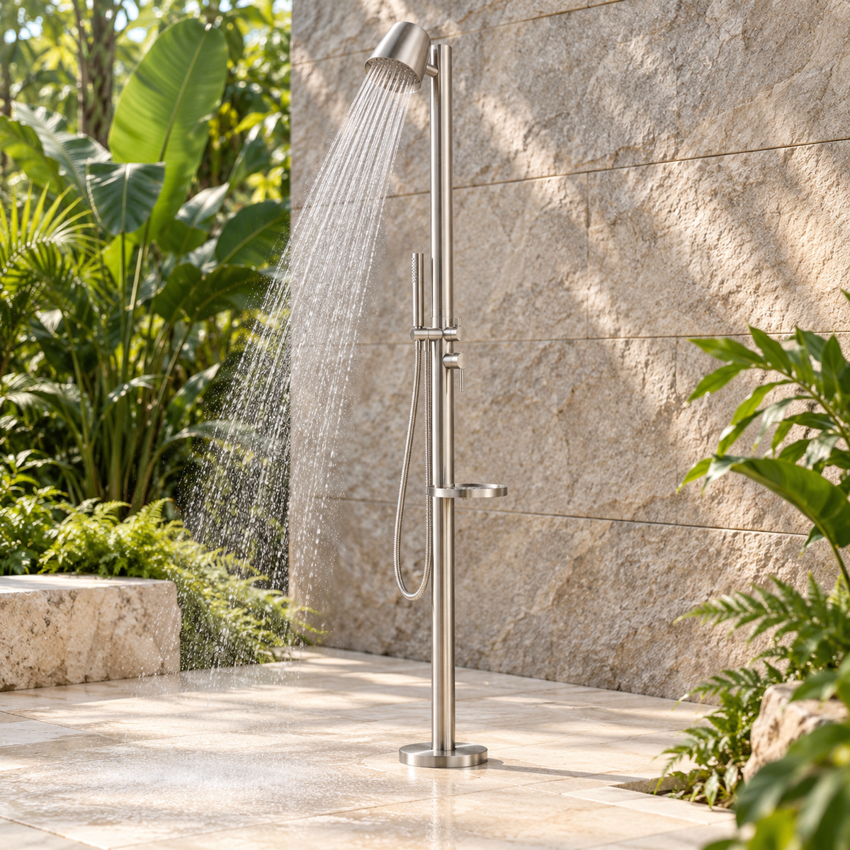 MODLAND RB1377 outdoor shower on a spa patio