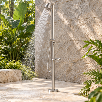 MODLAND RB1377 outdoor shower on a spa patio