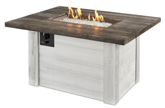 Outdoor GreatRoom Alcott fire pit table with Antique Timber top and whitewashed-look base