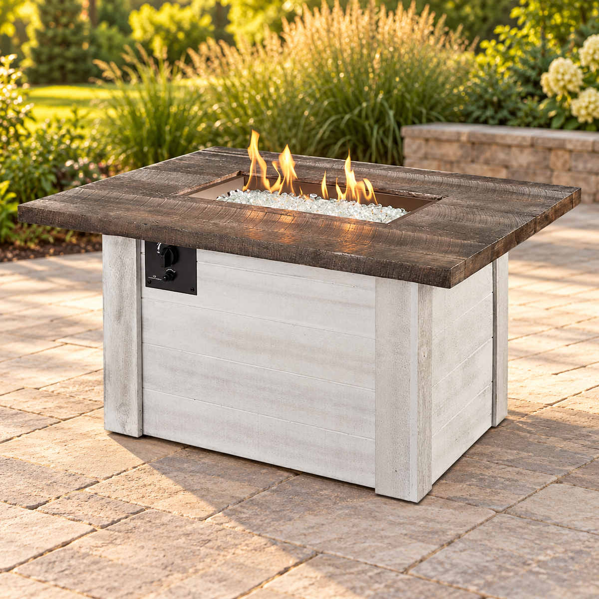 Outdoor GreatRoom Alcott ALC-1224 full fire pit table in an AI-staged outdoor patio scene; representative appearance