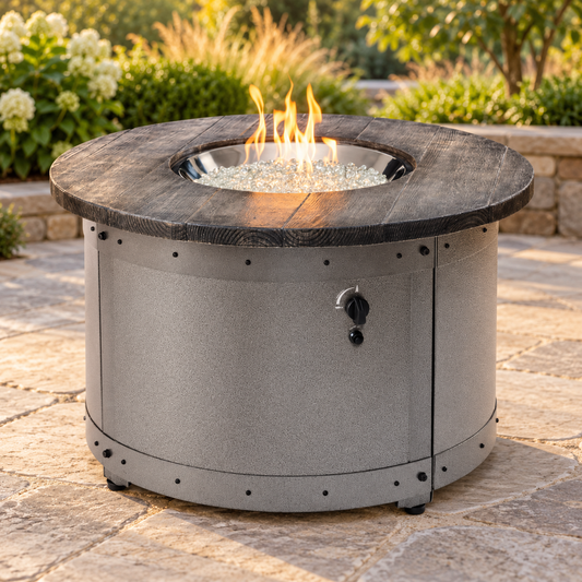 Outdoor GreatRoom Edison ED-20 full round fire pit table in an AI-staged outdoor patio scene; representative appearance