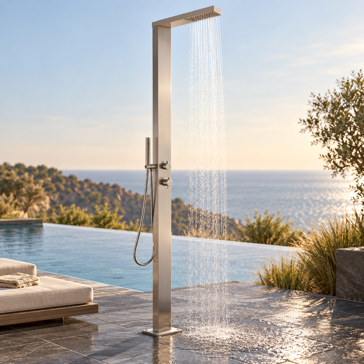 Rain Therapy Rectangular Rain Head and Shower Wand – PS PH-1100 in an outdoor lifestyle scene