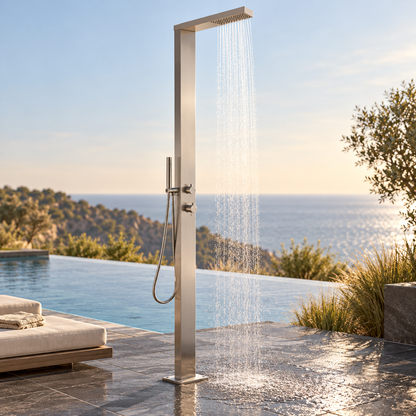 Rain Therapy Rectangular Rain Head and Shower Wand – PS PH-1100 in an outdoor lifestyle scene