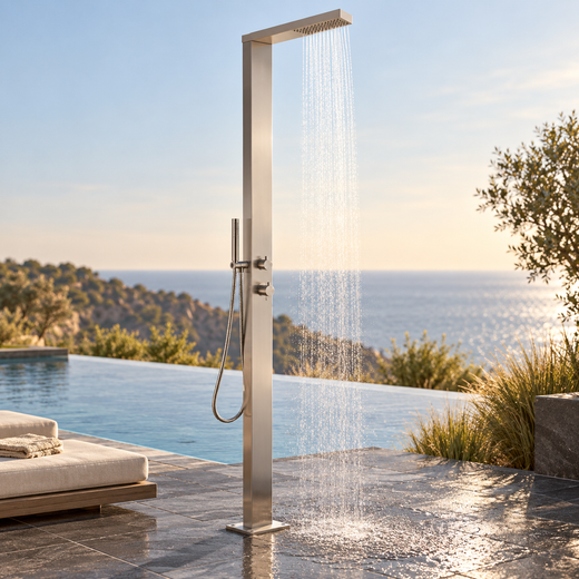 Rain Therapy Rectangular Rain Head and Shower Wand – PS PH-1100 in an outdoor lifestyle scene