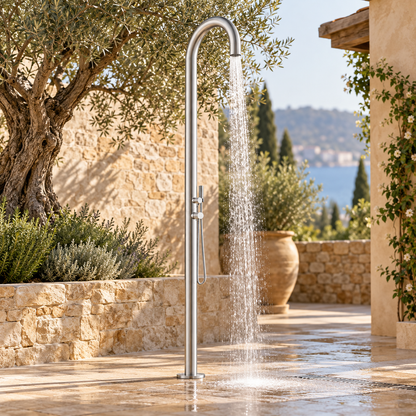 Rain Therapy Curved Rain Head and Shower Wand – PS PH-9020 in an outdoor lifestyle scene