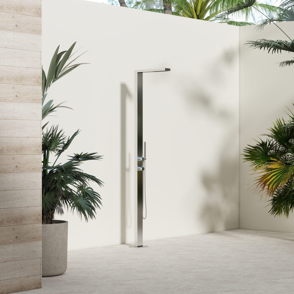 Rain Therapy PS PH-1100 outdoor shower in the manufacturer's setting, showing the rain head, shower wand and controls