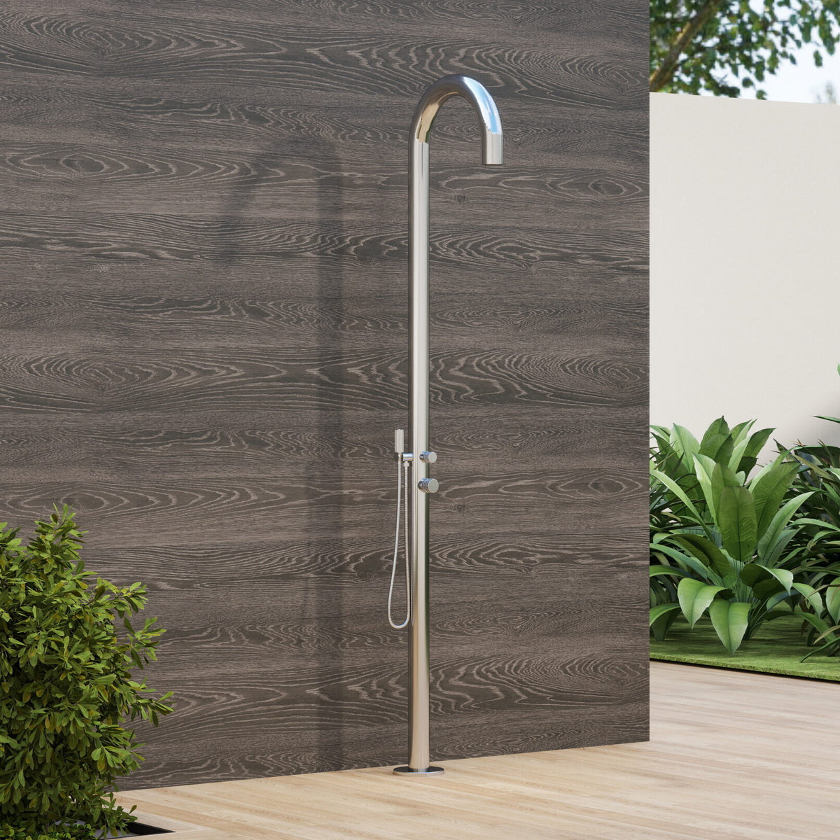 Rain Therapy PS PH-9020 curved outdoor shower in the manufacturer's setting, showing its rain head and handheld shower wand