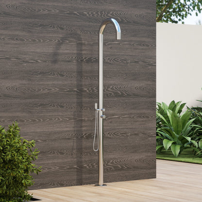 Rain Therapy PS PH-9020 curved outdoor shower in the manufacturer's setting, showing its rain head and handheld shower wand