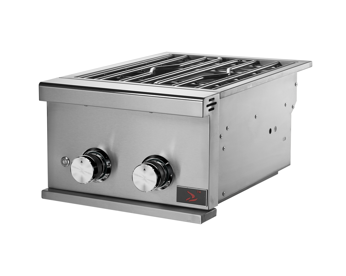 Whistler CBAPB.500 stainless steel prime power burner with lid removed, flat control panel and cooking grate, right-side view
