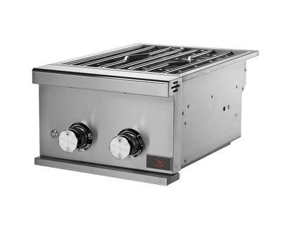 Whistler CBAPB.500 stainless steel prime power burner with lid removed, flat control panel and cooking grate, right-side view