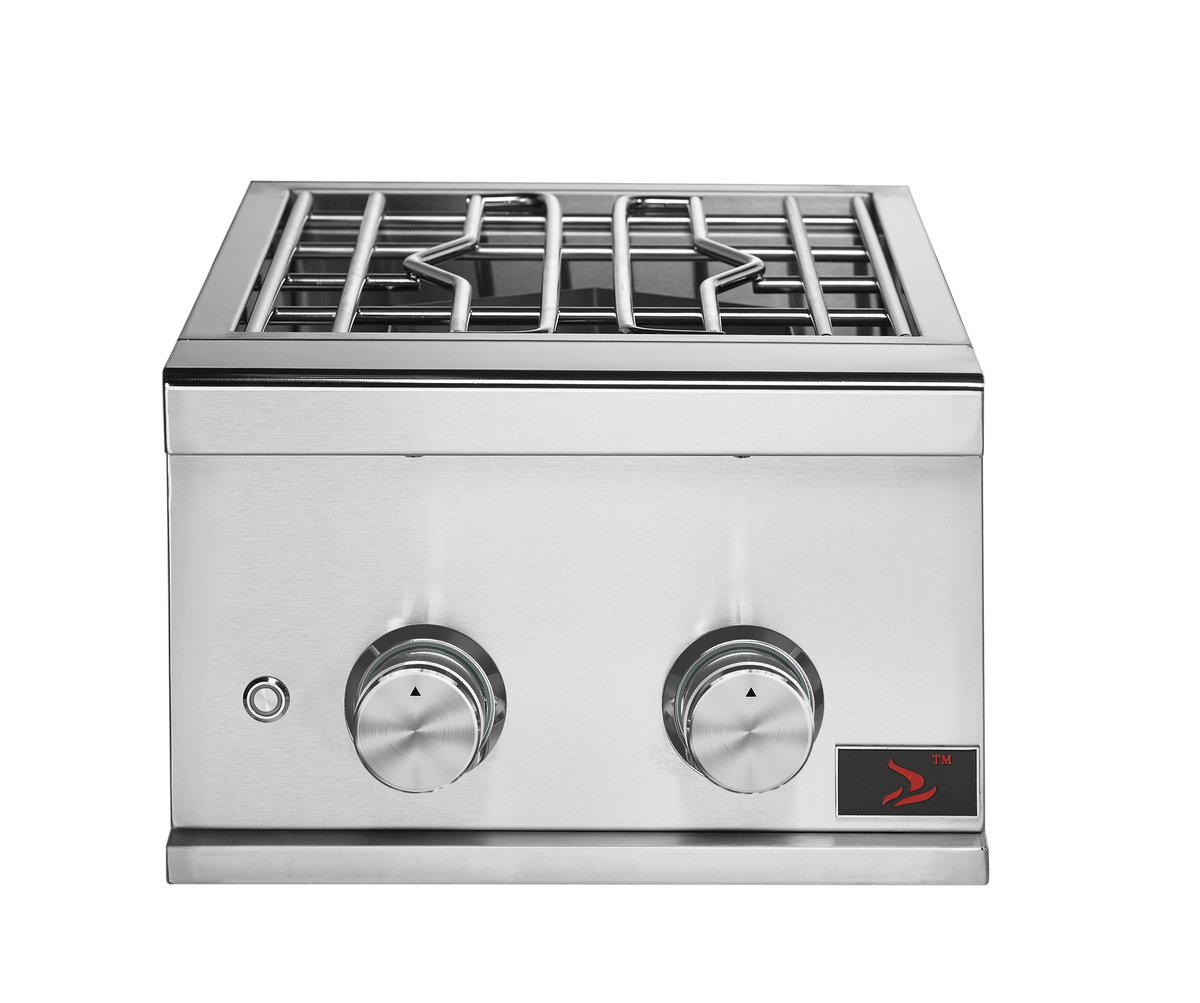 Whistler CBAPB.500 stainless steel prime power burner with lid removed, flat control panel and cooking grate, front view