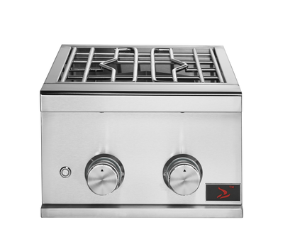 Whistler CBAPB.500 stainless steel prime power burner with lid removed, flat control panel and cooking grate, front view