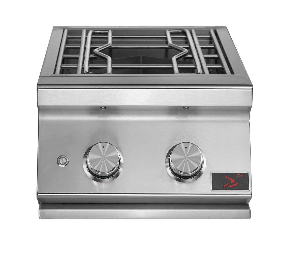 Whistler CBAPB stainless steel power burner with lid removed, curved control panel and cooking grate, front view