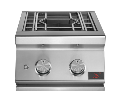 Whistler CBAPB stainless steel power burner with lid removed, curved control panel and cooking grate, front view