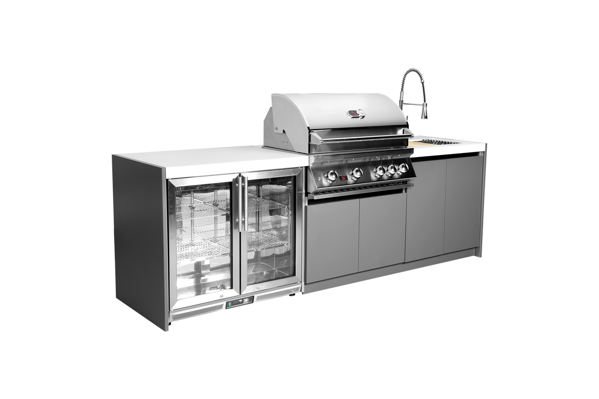 Whistler CBB4 three-module outdoor kitchen with refrigerator and sink, grey cabinets and white countertops