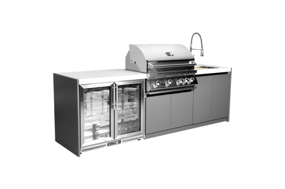Whistler CBB4 three-module outdoor kitchen with refrigerator and sink, grey cabinets and white countertops