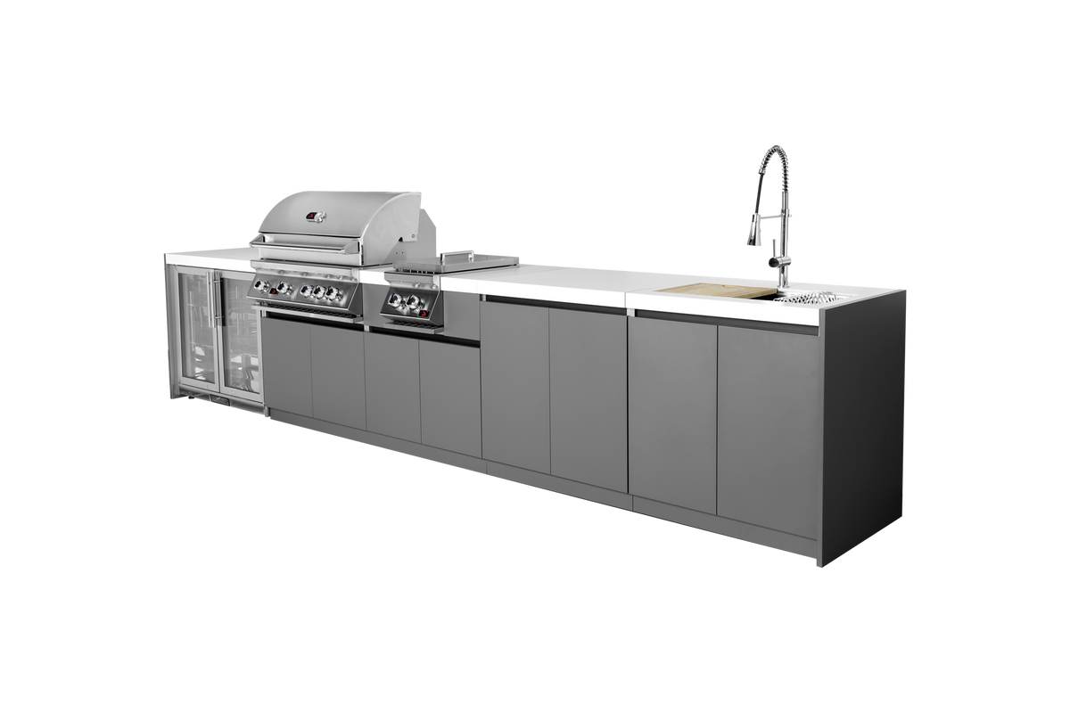 Whistler CBB4 5-module outdoor kitchen with refrigerator, side burner, storage and sink, grey cabinets and white countertops