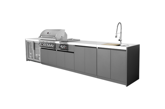 Whistler CBB4 5-module outdoor kitchen with refrigerator, side burner, storage and sink, grey cabinets and white countertops