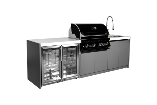 Whistler CBB4-B 3-module outdoor kitchen with refrigerator and sink, grey cabinets and white countertops