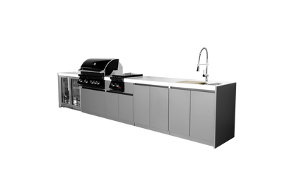 Whistler CBB4-B 5-module outdoor kitchen with refrigerator, side burner, storage and sink, grey cabinets and white countertops