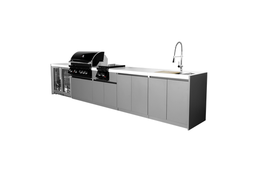 Whistler CBB4-B 5-module outdoor kitchen with refrigerator, side burner, storage and sink, grey cabinets and white countertops