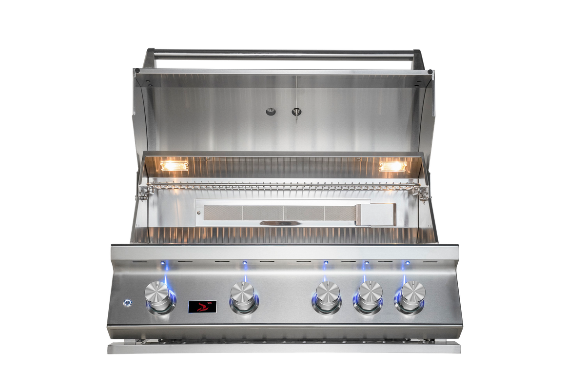Included Whistler CBB4 grill detail: hood open to show cooking area, warming rack and interior lights; component of this complete kitchen