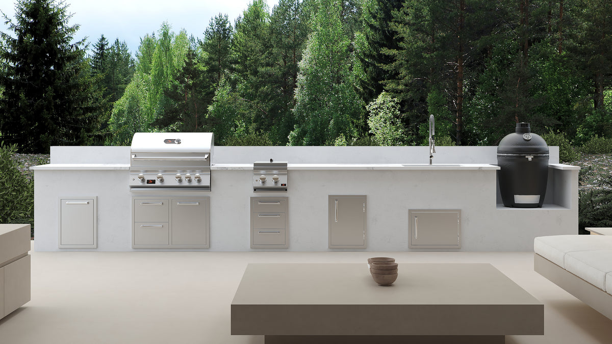Whistler CBB4 in a supplier outdoor kitchen lifestyle scene; surrounding cabinets and accessories sold separately