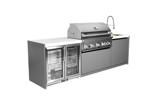 Whistler CBB500 3-module outdoor kitchen with refrigerator and sink, grey cabinets and white countertops