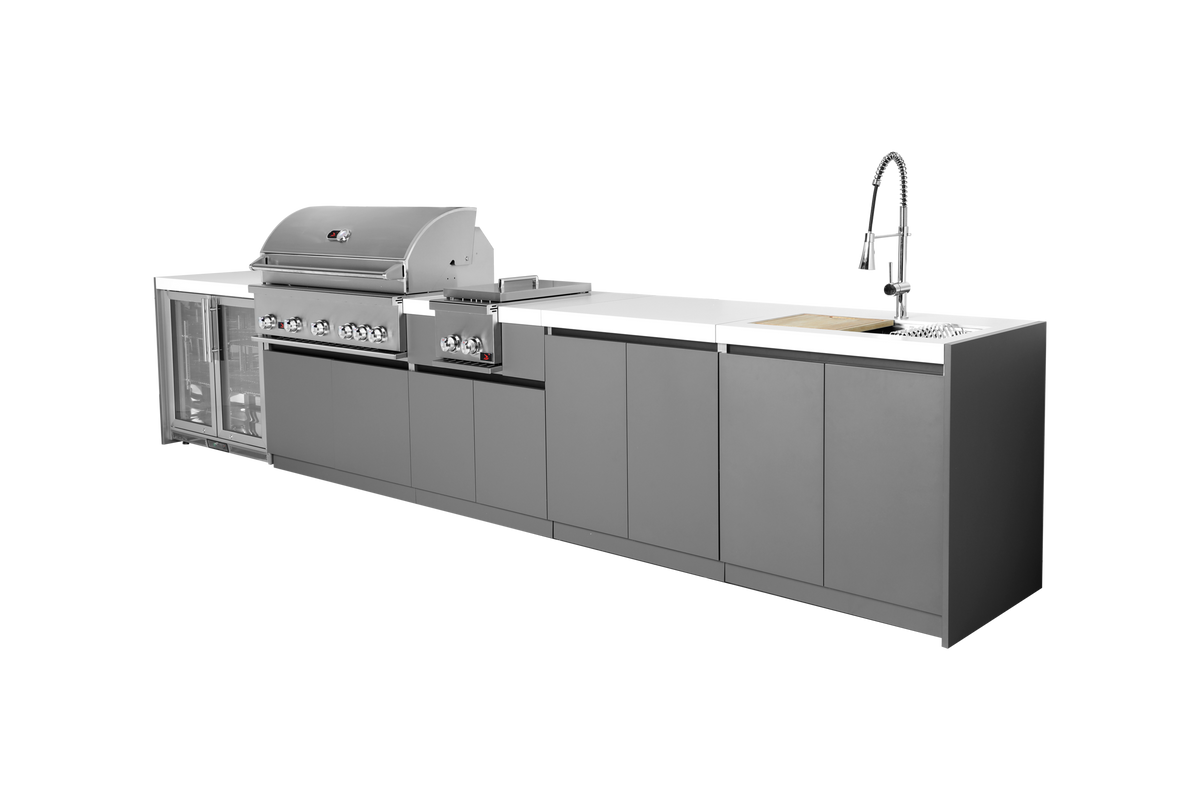 Whistler CBB500 5-module outdoor kitchen with refrigerator, side burner, storage and sink, grey cabinets and white countertops