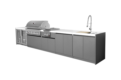 Whistler CBB500 5-module outdoor kitchen with refrigerator, side burner, storage and sink, grey cabinets and white countertops