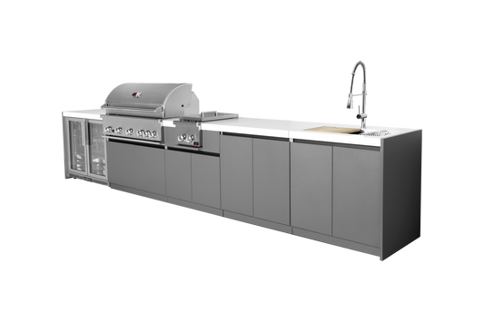 Whistler CBB500 5-module outdoor kitchen with refrigerator, side burner, storage and sink, grey cabinets and white countertops