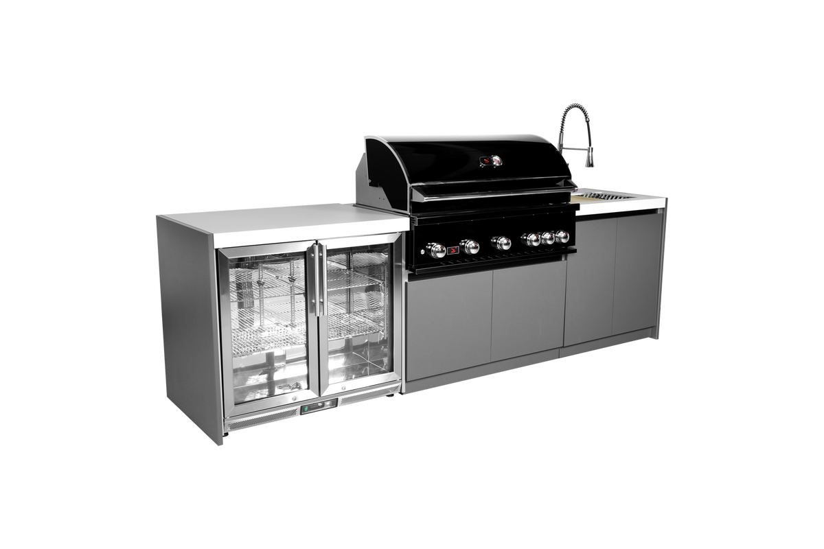 Whistler CBB500-B 3-module outdoor kitchen with refrigerator and sink, grey cabinets and white countertops