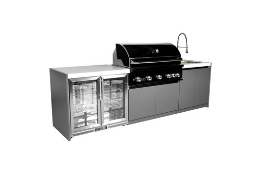Whistler CBB500-B 3-module outdoor kitchen with refrigerator and sink, grey cabinets and white countertops