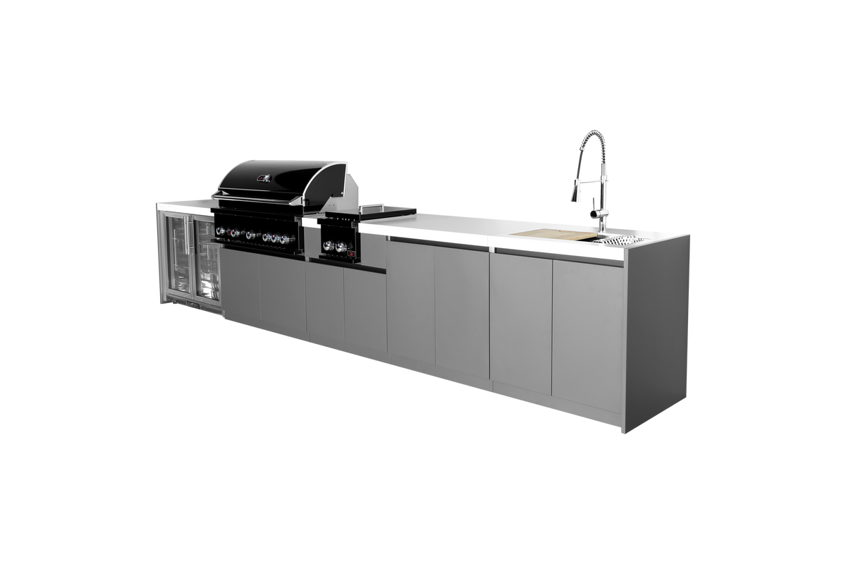 Whistler CBB500-B 5-module outdoor kitchen with refrigerator, side burner, storage and sink, grey cabinets and white countertops