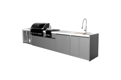 Whistler CBB500-B 5-module outdoor kitchen with refrigerator, side burner, storage and sink, grey cabinets and white countertops
