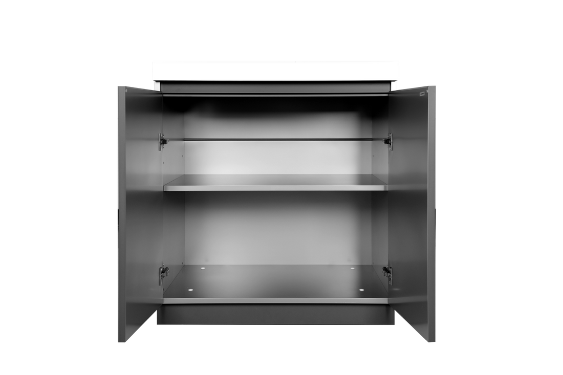 Whistler White and Grey Double Door Cabinet | WMK-DDC-WG: Interior shelves shown with the doors removed for visibility