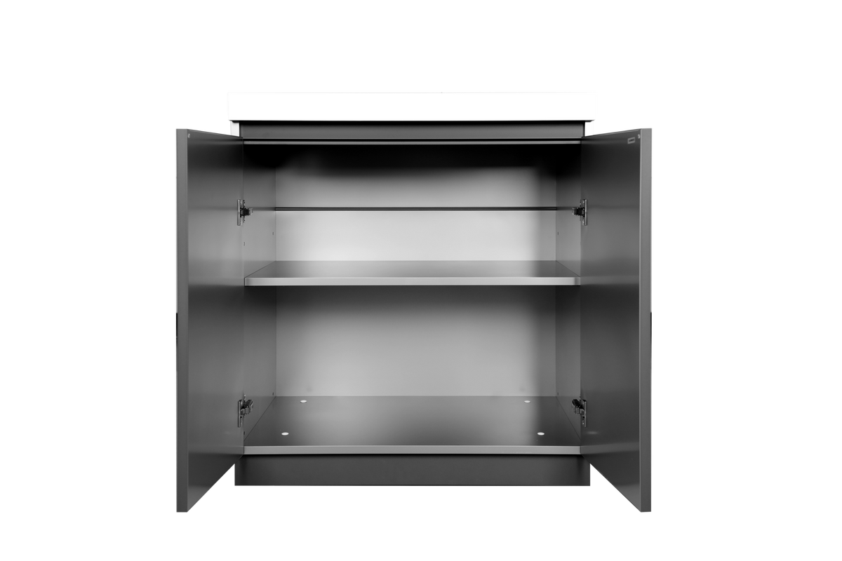 Included Whistler WMK-DDC-WG double-door storage cabinet detail: interior shelves shown with doors removed for visibility; component of this complete kitchen