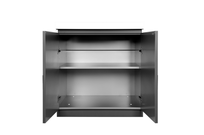 Included Whistler WMK-DDC-WG double-door storage cabinet detail: interior shelves shown with doors removed for visibility; component of this complete kitchen