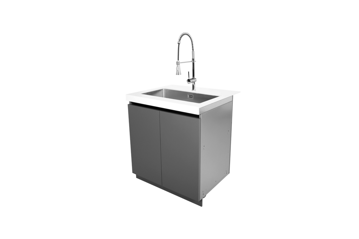 Included Whistler WMK-SC-WG sink station detail: faucet, basin, white countertop and grey cabinet; component of this complete kitchen