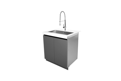 Included Whistler WMK-SC-WG sink station detail: faucet, basin, white countertop and grey cabinet; component of this complete kitchen