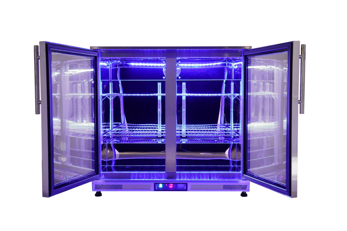 Included Whistler WMK-DDFC-WG refrigerator detail: open double doors showing shelves and blue interior lighting; component of this complete kitchen